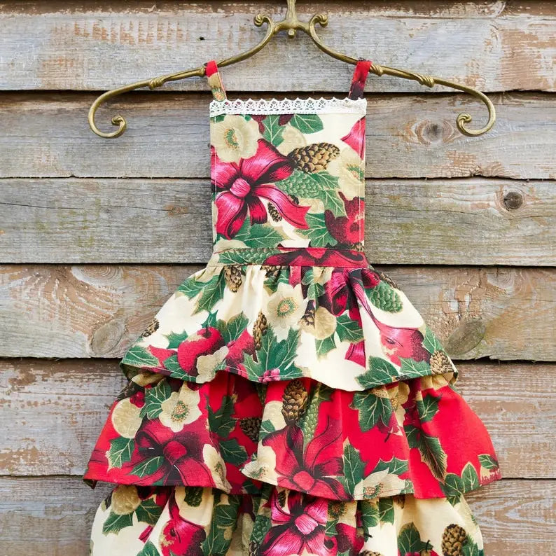Handmade Winter Red Christmas Floral Kids Apron