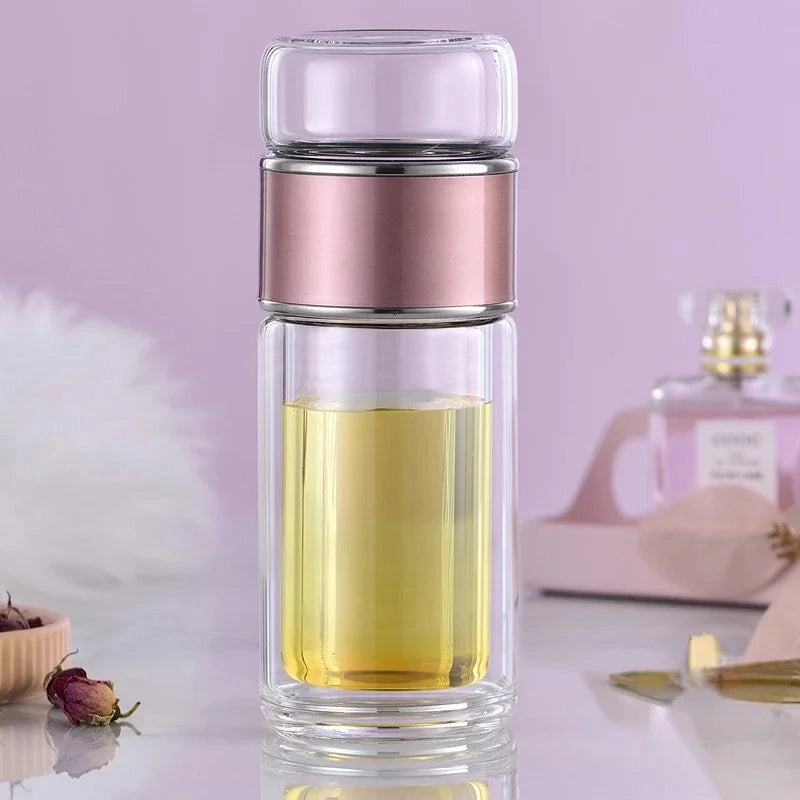 Glass Tea Infuser Bottle – Double Walled, Warm Rose Gold