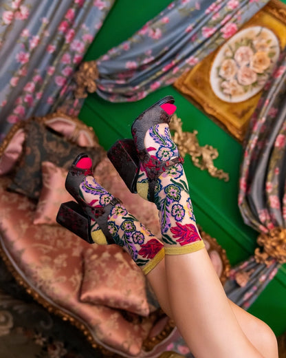 Floral Sheer Crew Socks, Radiant Red