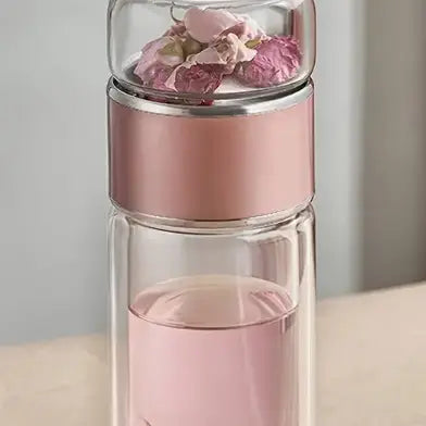 Glass Tea Infuser Bottle – Double Walled, Warm Rose Gold
