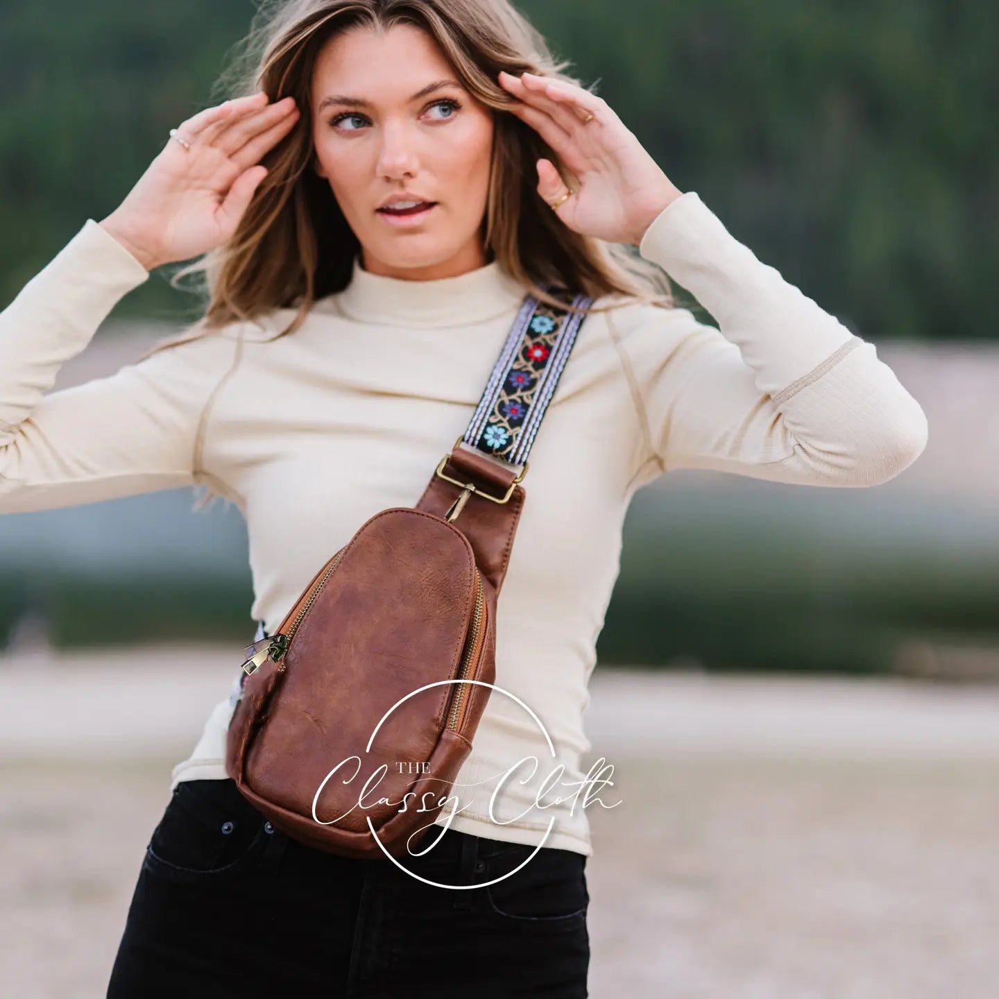 Shoulder Sling Bag, Floral Blues