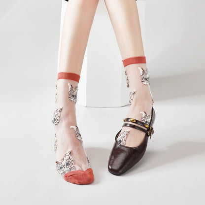 Cute Cat Sheer Socks - Mocha Brown