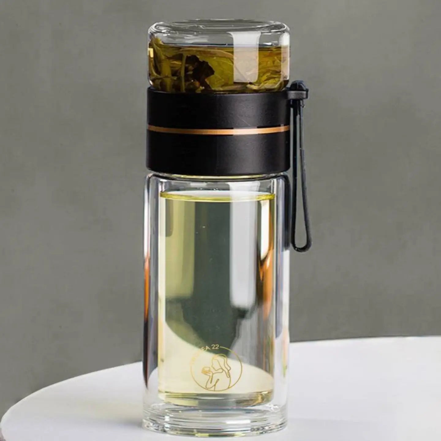 Glass Tea Infuser Bottle - Double Walled, Gold & Black