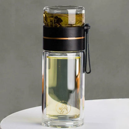 Glass Tea Infuser Bottle - Double Walled, Gold & Black