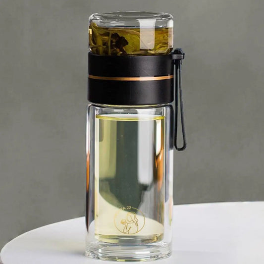 Glass Tea Infuser Bottle - Double Walled, Gold & Black