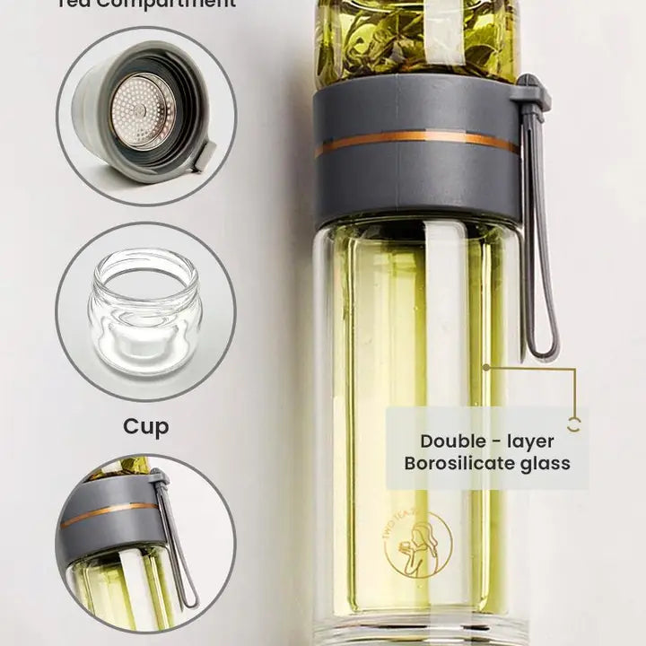 Glass Tea Infuser Bottle - Double Walled, Gold & Black
