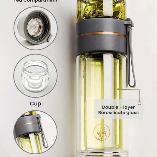Glass Tea Infuser Bottle - Double Walled, Gold & Black