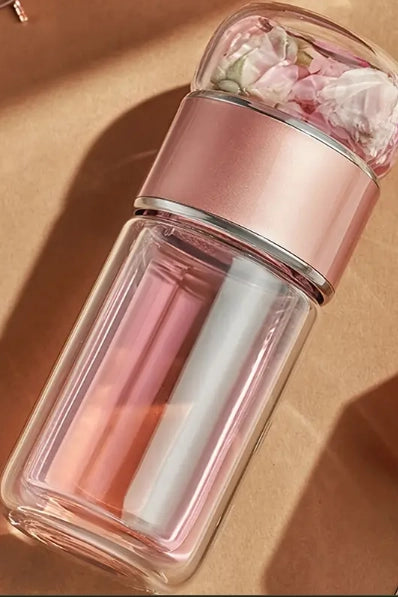 Glass Tea Infuser Bottle – Double Walled, Warm Rose Gold