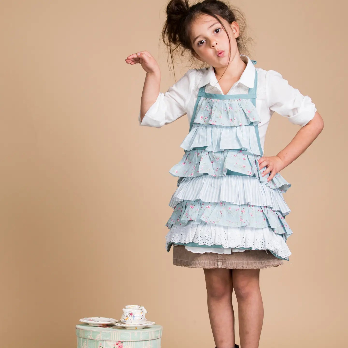Powdered Blue Ruffle Floral Kids Apron