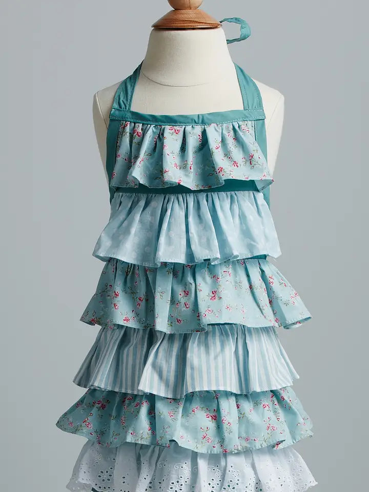 Powdered Blue Ruffle Floral Kids Apron