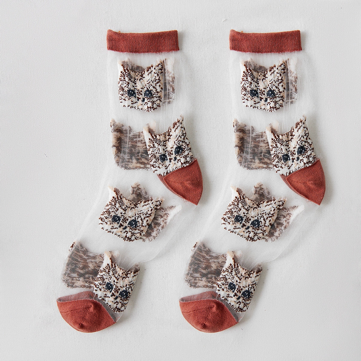 Cute Cat Sheer Socks - Mocha Brown