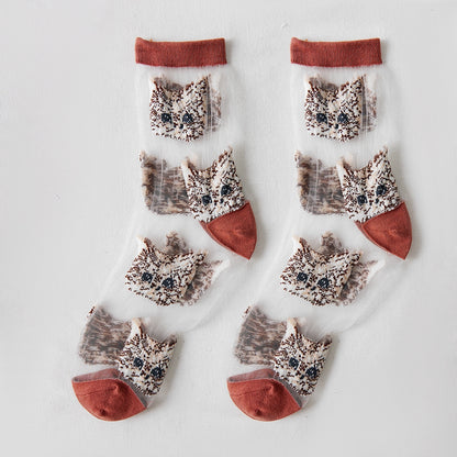 Cute Cat Sheer Socks - Mocha Brown