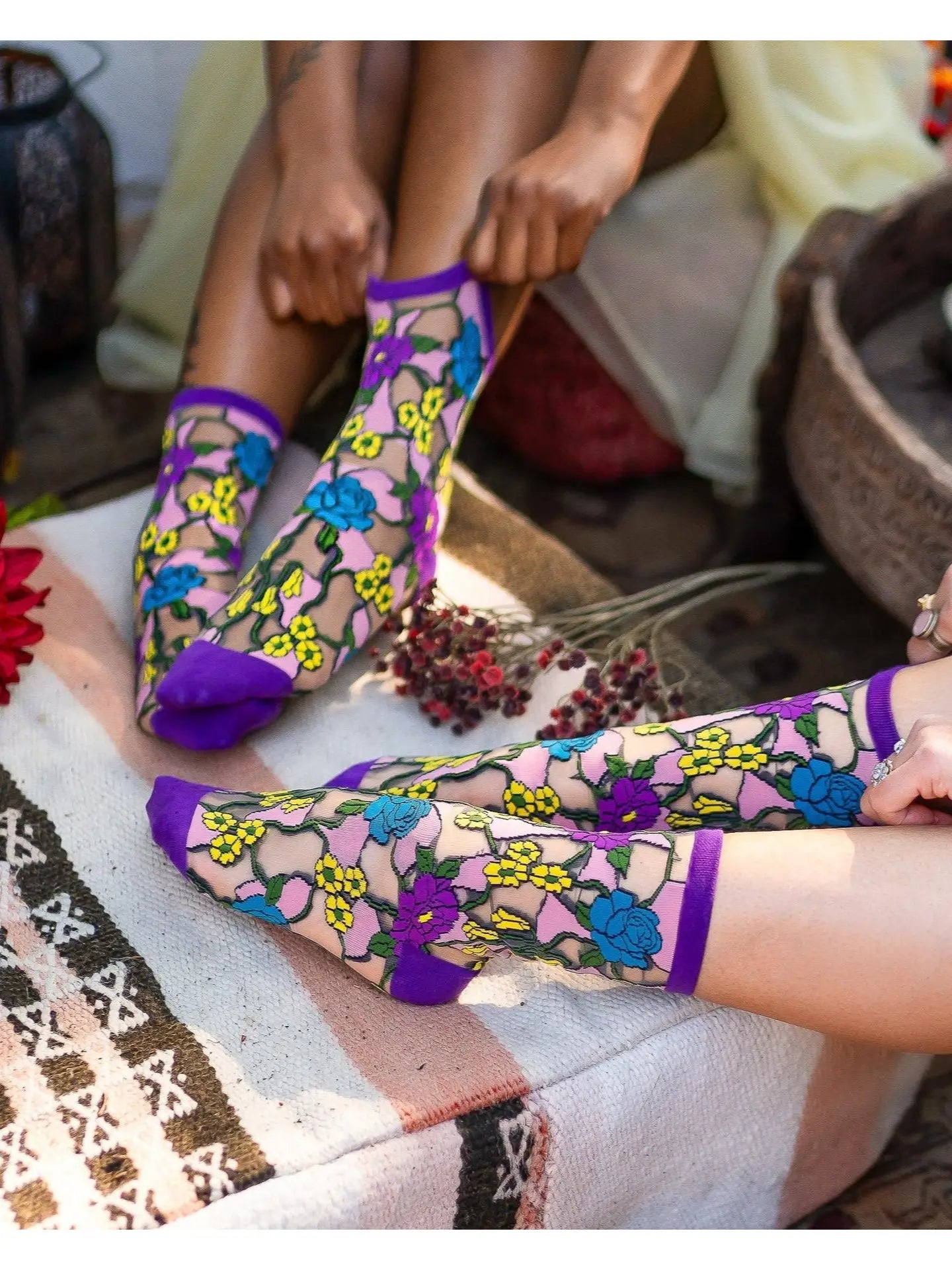 Floral Sheer Crew Sock - Luscious Purple