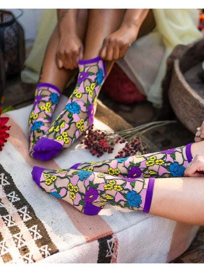 Floral Sheer Crew Sock - Luscious Purple